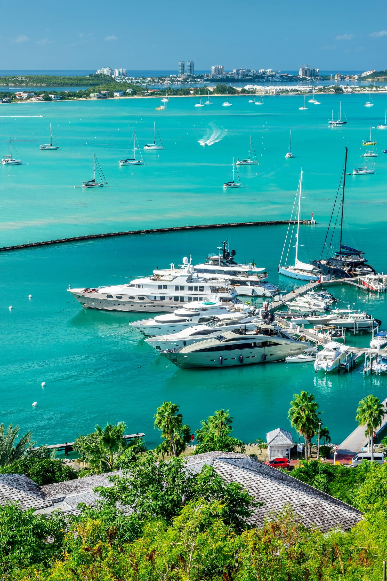 The turquoise Simpson Bay lagoon dotted with yachts, Sint Maarten