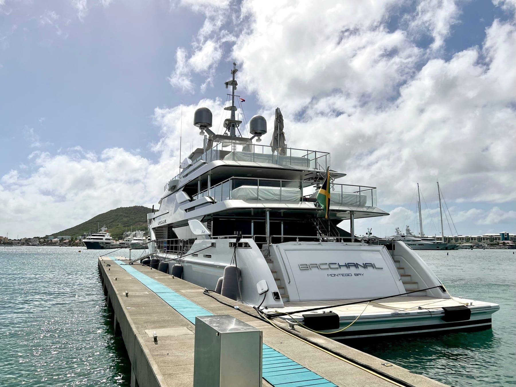 A superyacht berthed at the quay in Simpson Bay, Sint Maarten